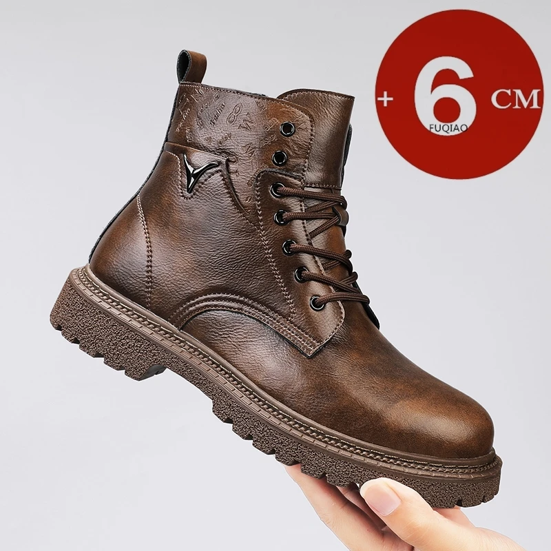Men'S Shoes Increase Height - 6cm身長アップ効果のあるメンズブーツ、レザー製、アウトドア、秋冬用シューズ、暖かい、滑り止め、快適なエレベーターアンクルブーツ