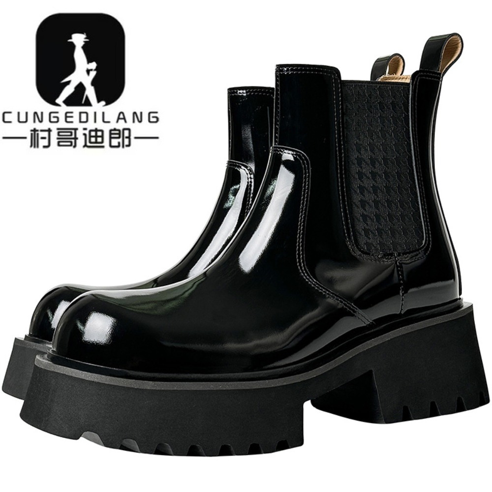 Men'S Shoes With Height Increase - 冬用メンズチェルシーブーツ、ヒールが目立たないデザイン、メンズハイヒールブーツ、特許皮革を使用した厚底ブーツ、身長を高く見せる靴。