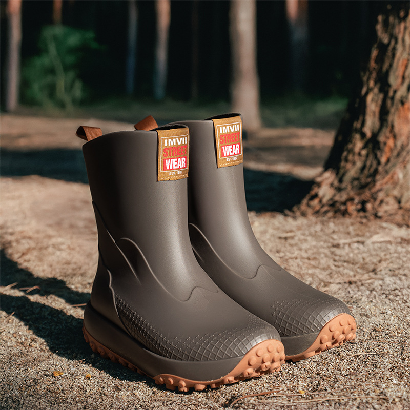 Men'S Shoes Water Resistant - ミッドカーフアウトドア防水シューズメンズノンスリップレインブーツ厚底と耐摩耗性レインブーツファッショナブルな大人のウォーターブーツ