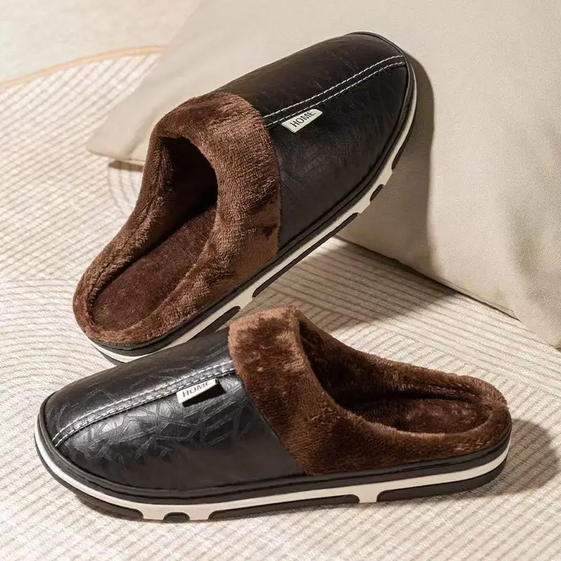 Men'S Shoes Hey Dude - メンズビッグサイズ冬用スリッパ室内PUレザー家庭用防水ふわふわカジュアルスライドメンズ寝室用快適シューズハウスシューズ