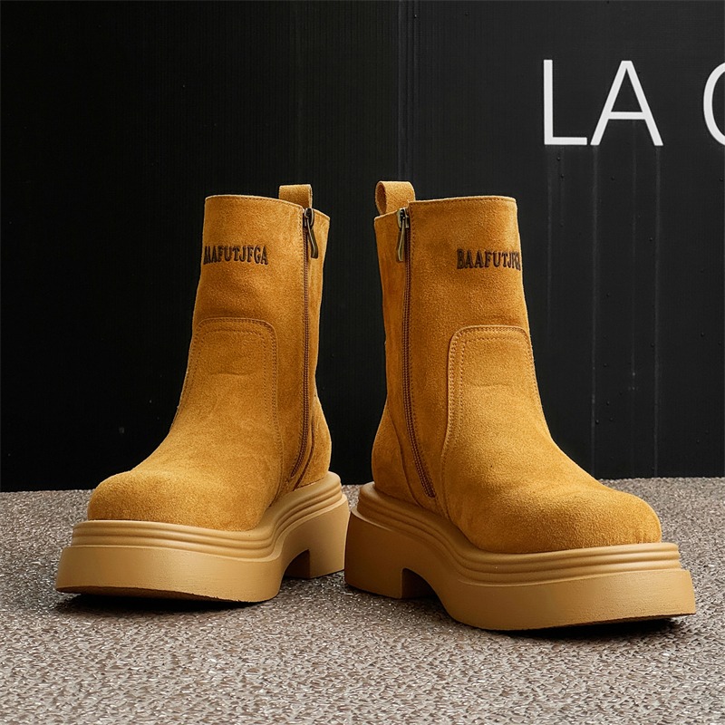 Men'S Shoes Increase Height - 冬ヨーロッパアメリカレトロ厚底サイドジッパー身長アップハイエンドビッグヘッドチムニーカップルスタイルショートブーツ