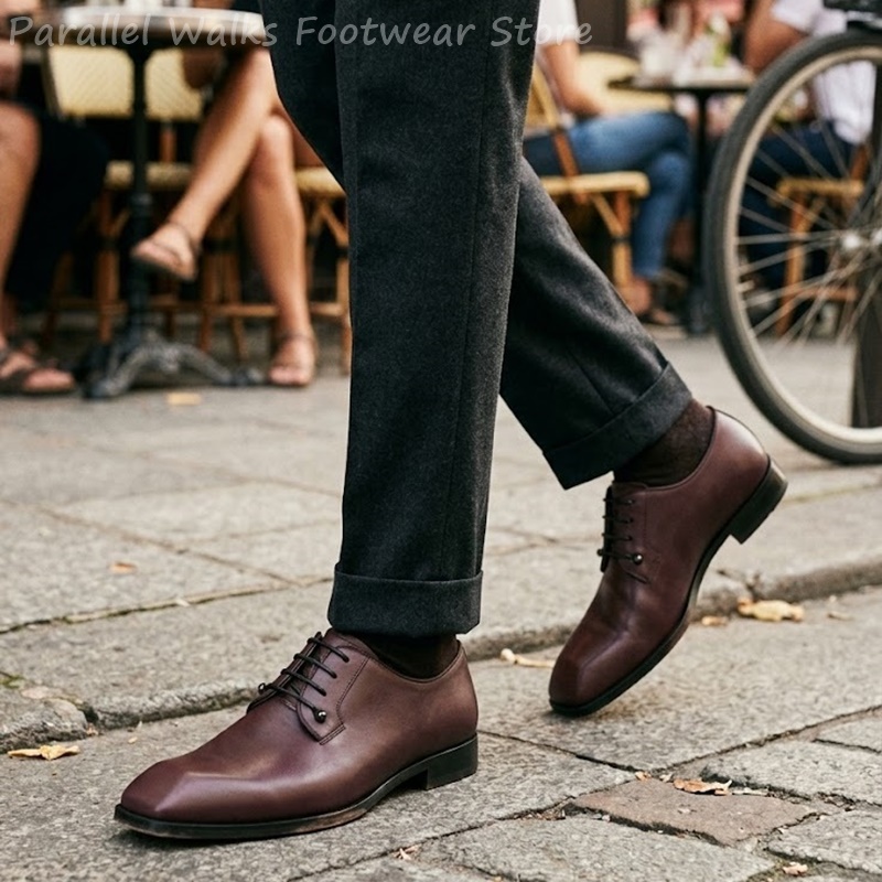 Men'S Shoes Smart - メンズダークブラウンレザーダービーシューズスクエアトゥレースアップフォーマルイブニングパーティードレスシューズスマートオフィスクラシックオックスフォードドレスシューズ