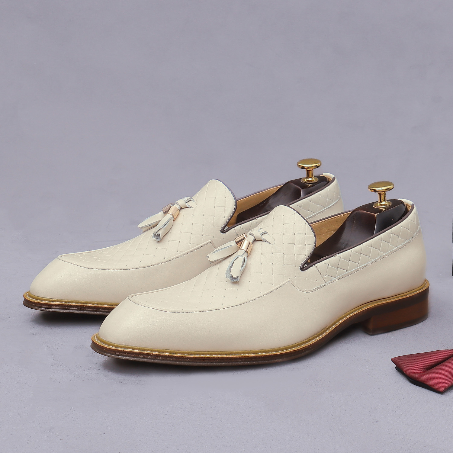 Men'S Shoes Smart - メンズフェイクレザーペニーローファー、複雑な織り模様のタッセル付き、ベージュ、快適なインソール、スマートカジュアル、オフィス、デイリーウェアシューズ