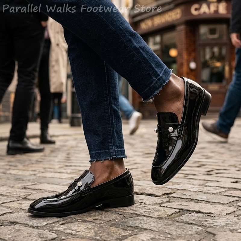 メンズブラックパテントフェイクスエードラインストーンローファ - Men'S Shoes Smart のレビューと価格